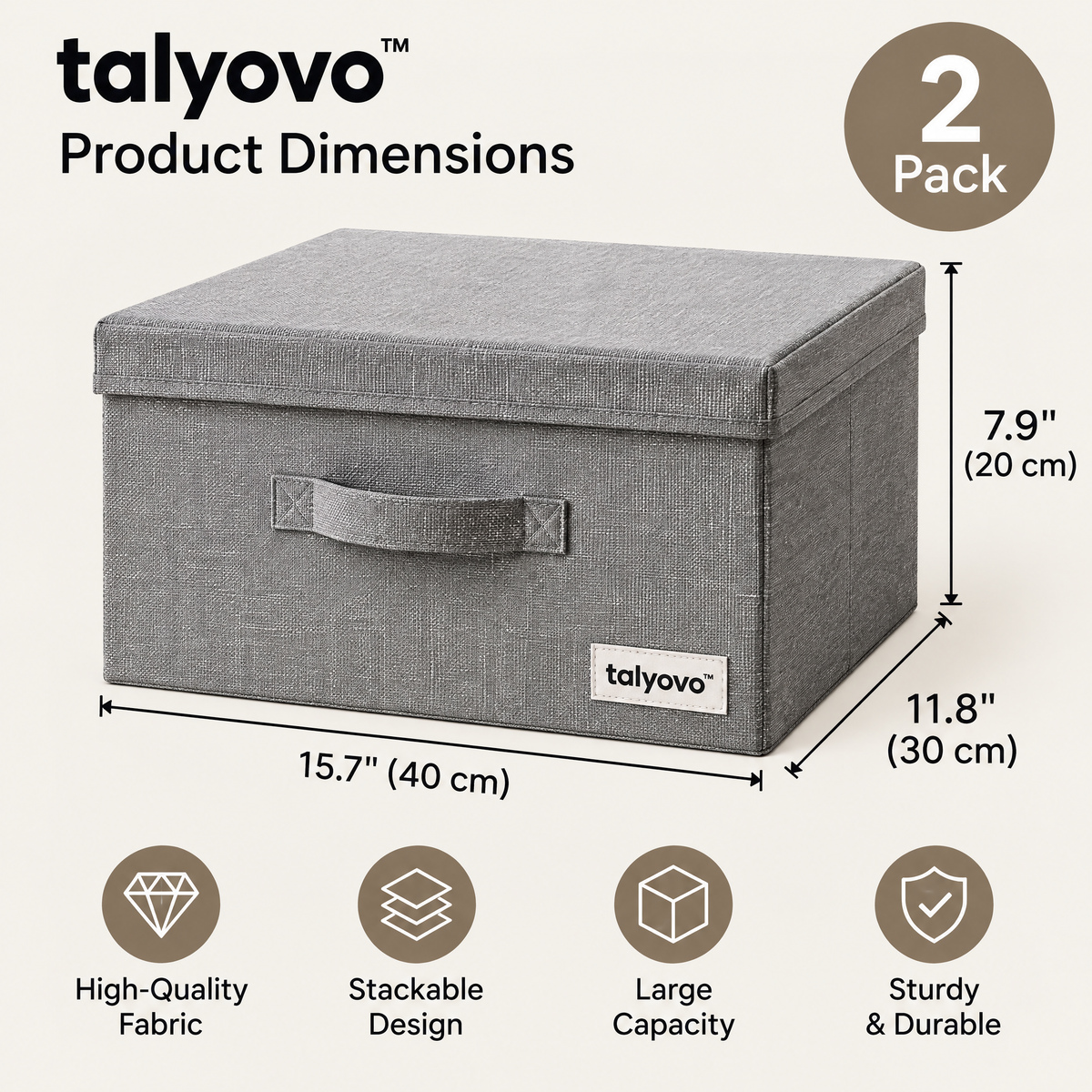 talyovo™ Lidded Fabric Storage Boxes, 2-Pack — Stackable Shelf Organizers for Clothing, Linens & Home Accessories