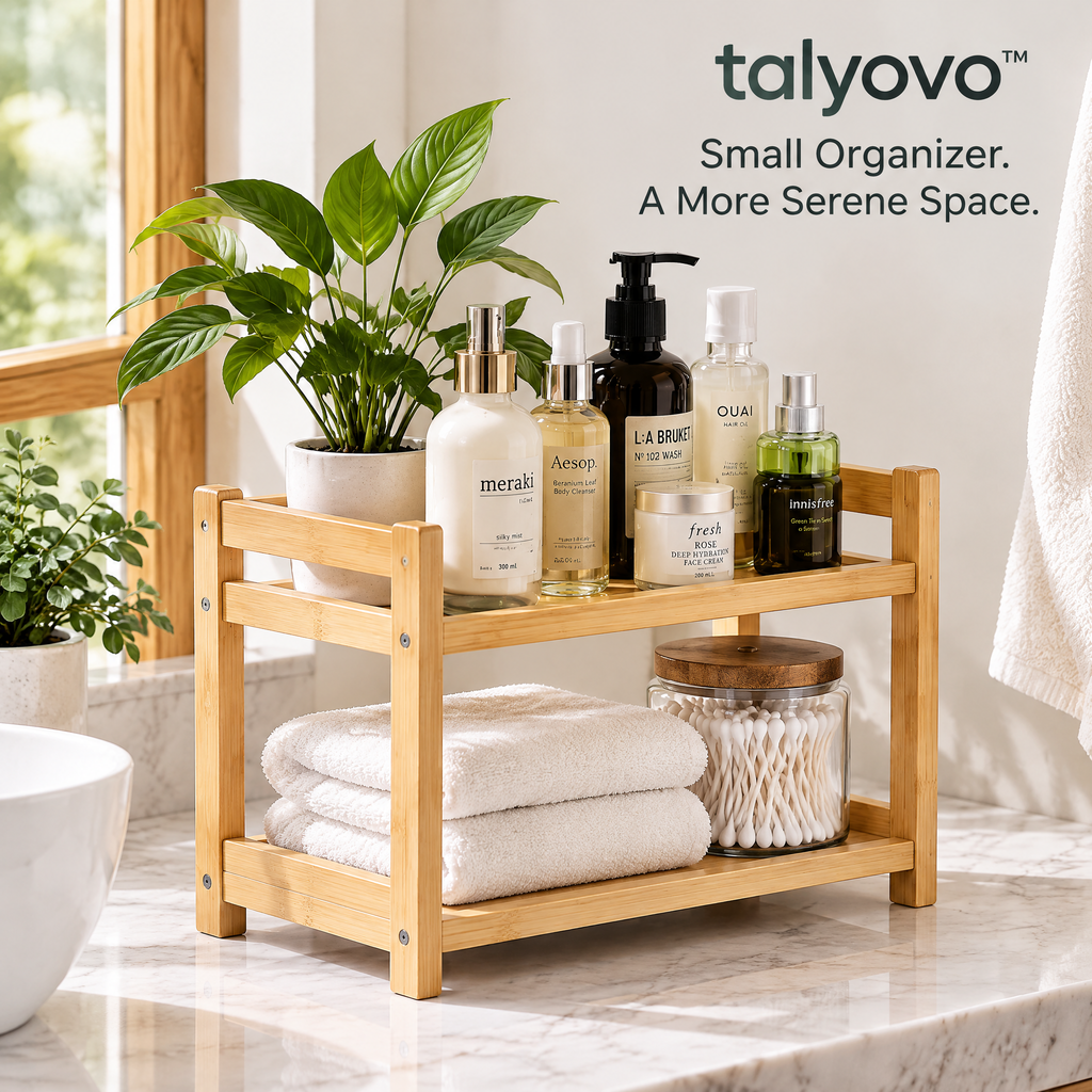 talyovo™ Bamboo Bathroom Countertop Organizer, 2-Tier — Vanity Shelf for Skincare, Toiletries & Hand Towels