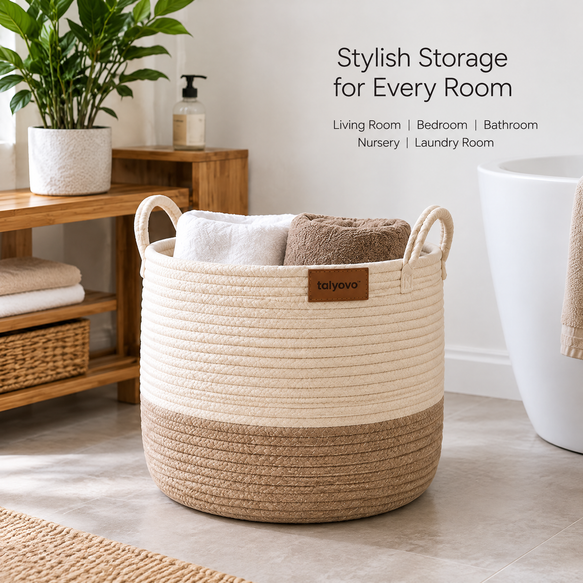 talyovo™ Cotton Rope Storage Basket with Handles — Decorative Blanket, Towel & Living Room Organizer