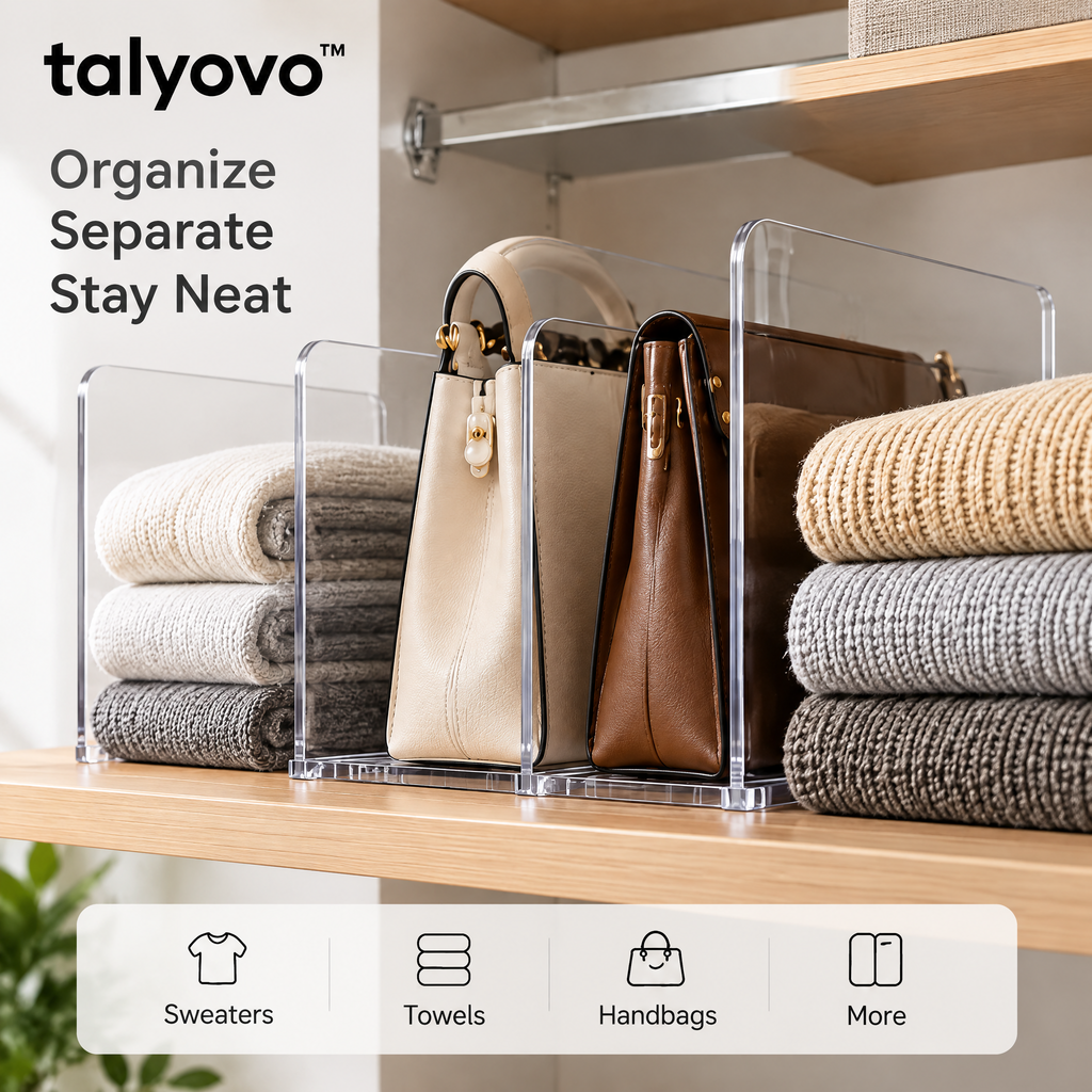 talyovo™ Shelf Dividers for Closet Organization, 4-Pack — Clear Separators for Sweaters, Towels & Handbags