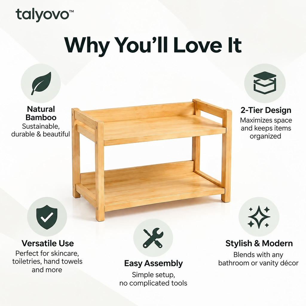 talyovo™ Bamboo Bathroom Countertop Organizer, 2-Tier — Vanity Shelf for Skincare, Toiletries & Hand Towels