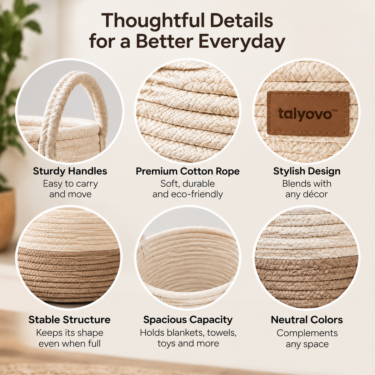 talyovo™ Cotton Rope Storage Basket with Handles — Decorative Blanket, Towel & Living Room Organizer