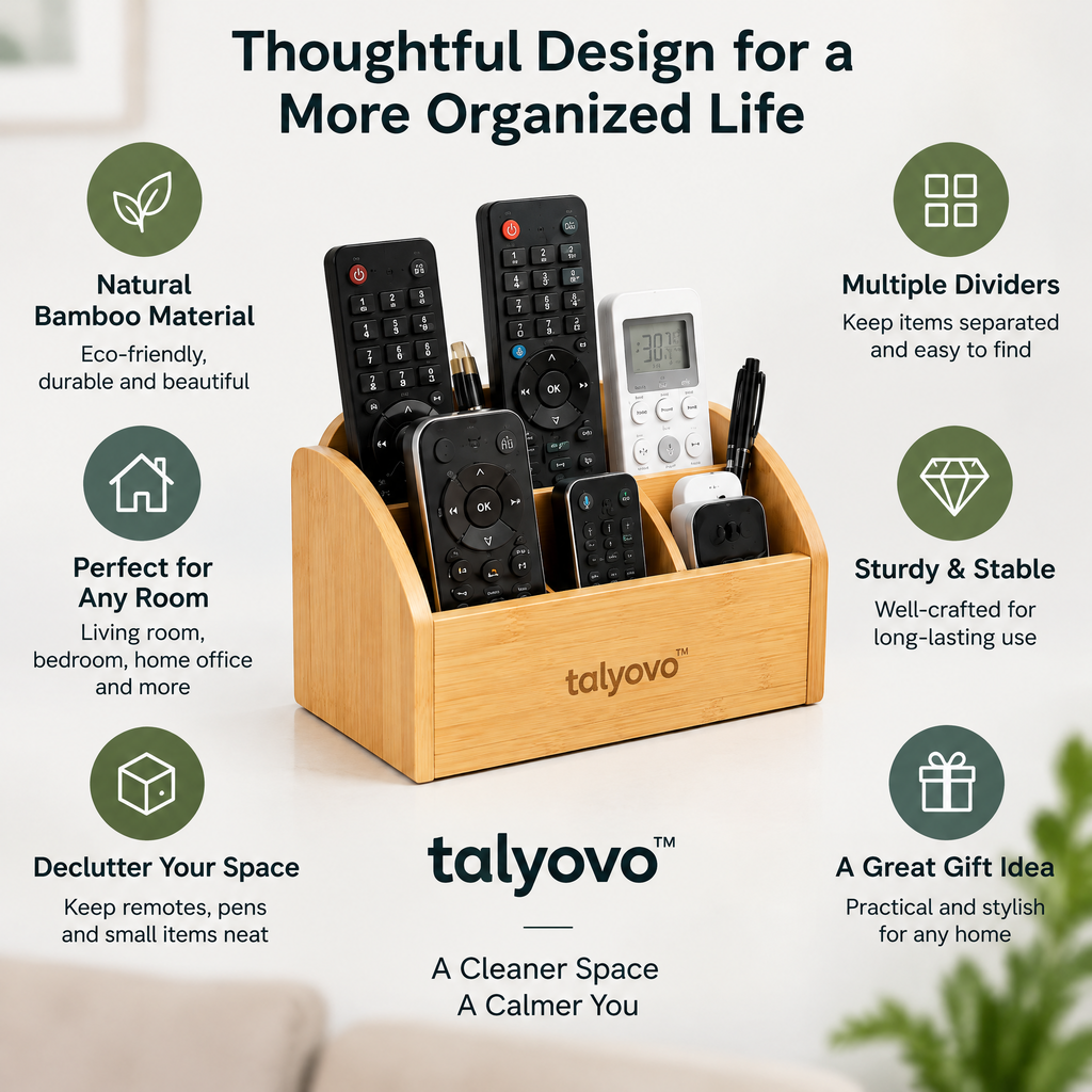 talyovo™ Bamboo Remote Control Caddy with Dividers — Tabletop Organize