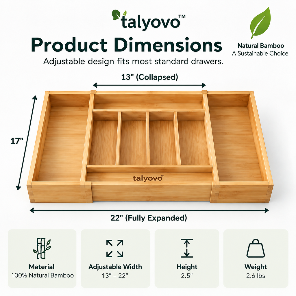 talyovo™ Expandable Bamboo Cutlery Drawer Organizer — Adjustable Kitchen Utensil & Flatware Tray