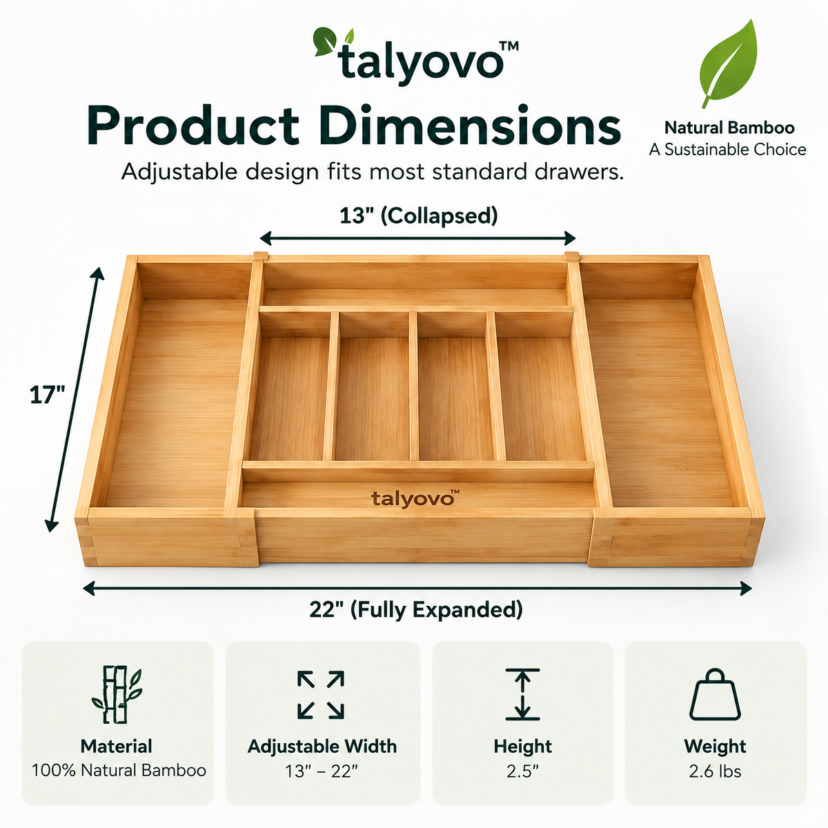 talyovo™ Expandable Bamboo Cutlery Drawer Organizer — Adjustable Kitchen Utensil & Flatware Tray
