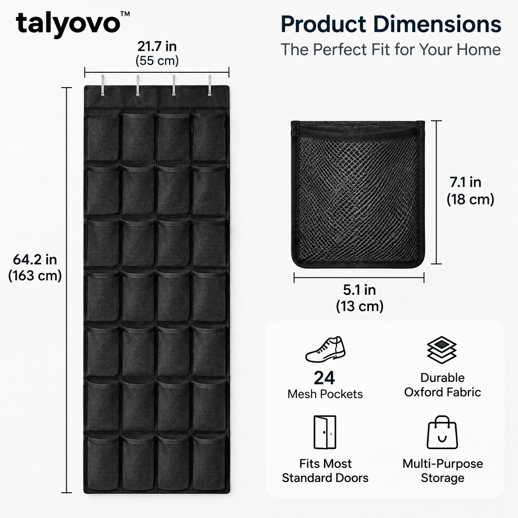 talyovo™ Over-the-Door Shoe Organizer with 24 Mesh Pockets — Hanging Closet & Entryway Storage