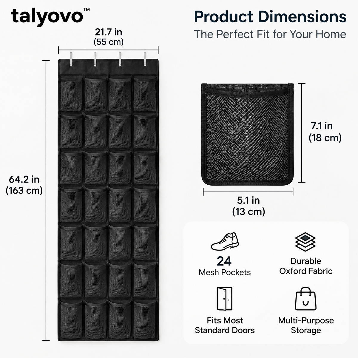 talyovo™ Over-the-Door Shoe Organizer with 24 Mesh Pockets — Hanging Closet & Entryway Storage