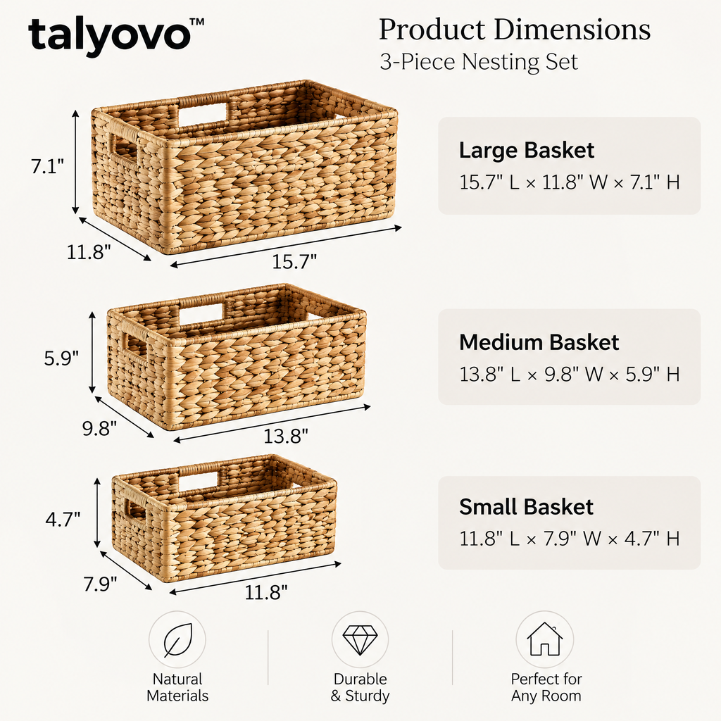 talyovo™ Woven Shelf Storage Baskets, 3-Piece Nesting Set — Decorative Closet, Entryway & Living Room Bins