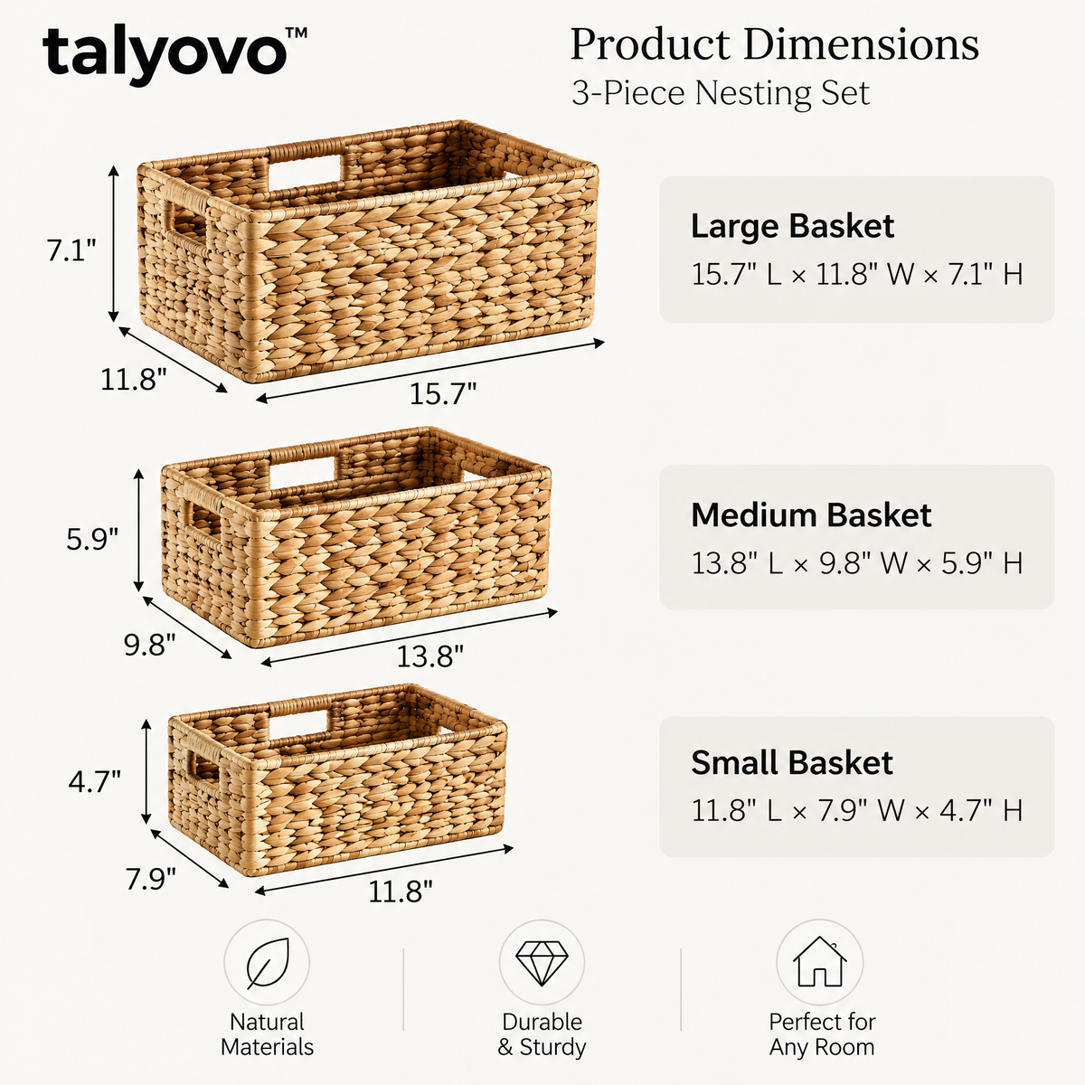 talyovo™ Woven Shelf Storage Baskets, 3-Piece Nesting Set — Decorative Closet, Entryway & Living Room Bins